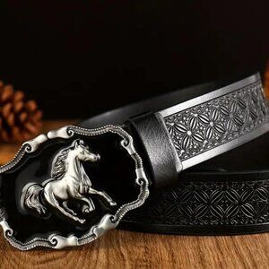 Horse Black & Silver Buckle with Black 46" Pleather Belt Brand New
